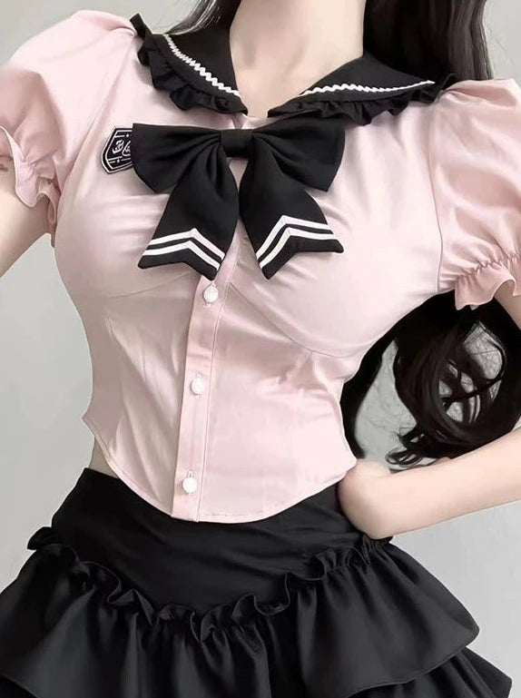 Sweet Girl Slim Puff Sleeve Top + Flared Ruffle Skirt + Ribbon