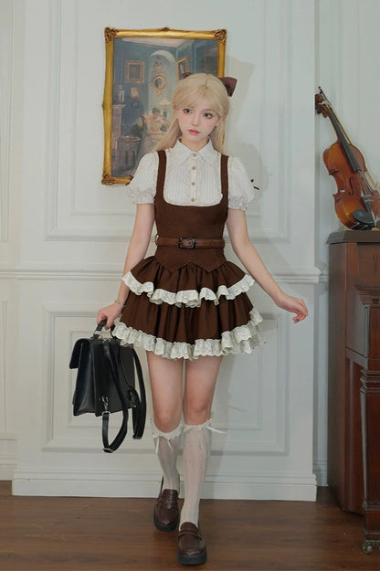 Retro Shirt + Frill Skirt + Belt + Tie