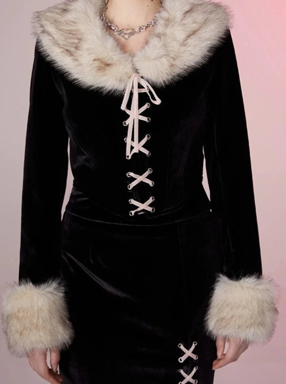 Antique doll velvet fur top + slit tight skirt