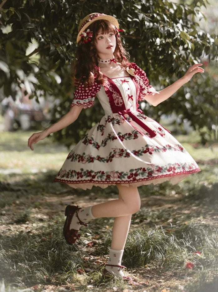 체리버니 프린트 여름 로리타 드레스