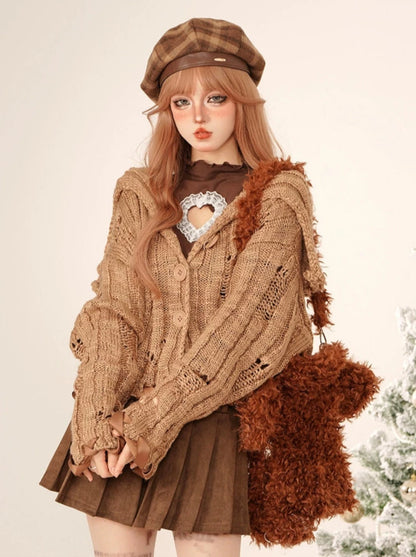 French Khaki Short Girly Knit Cardigan