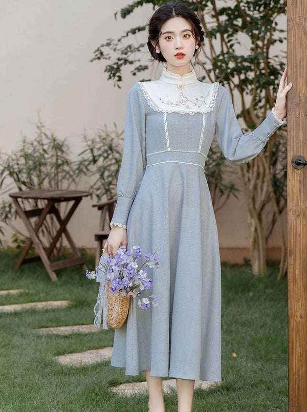 アイスブルーレトロウエストマークワンピース