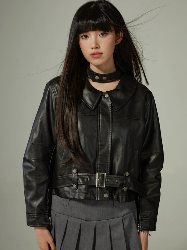 Design Choker Black Slim Short Leather Jacket