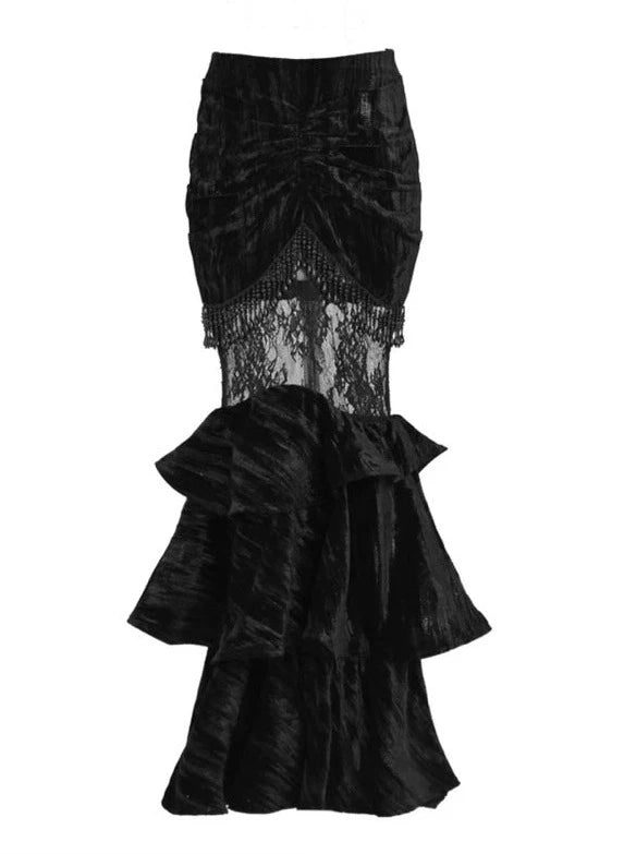 Dutchess Gothic Velvet Lace Sheer Hip Hugging Mermaid Skirt
