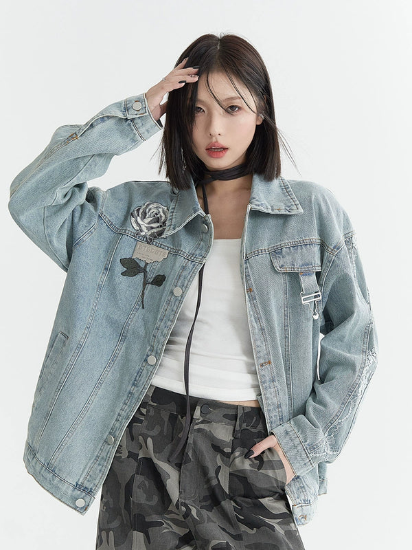 Rose Embroidered Loose Denim Jacket