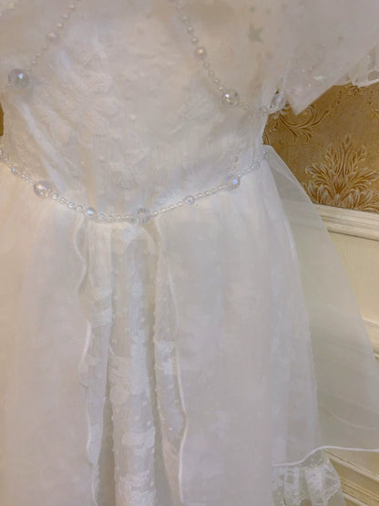 Sweet Sheer White Ribbon Puff Sleeve Dress