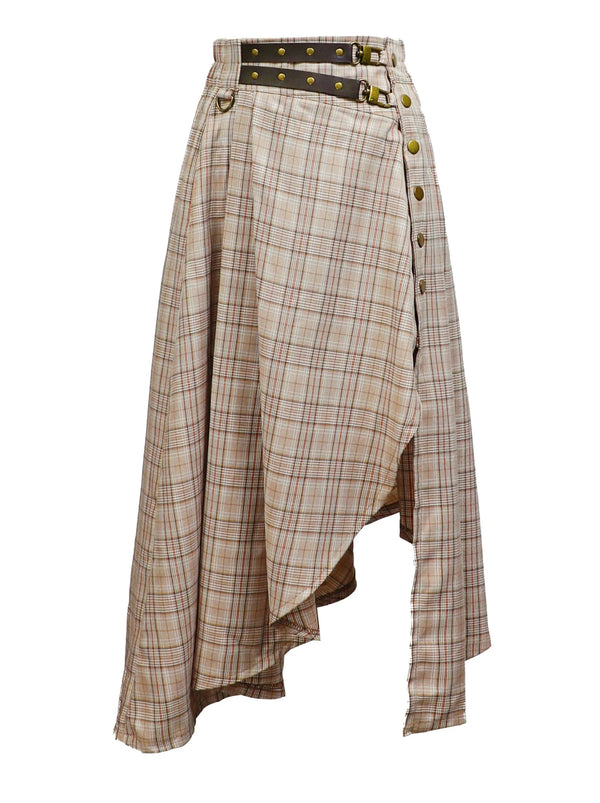 Retro Camel Check Asymmetrical Skirt