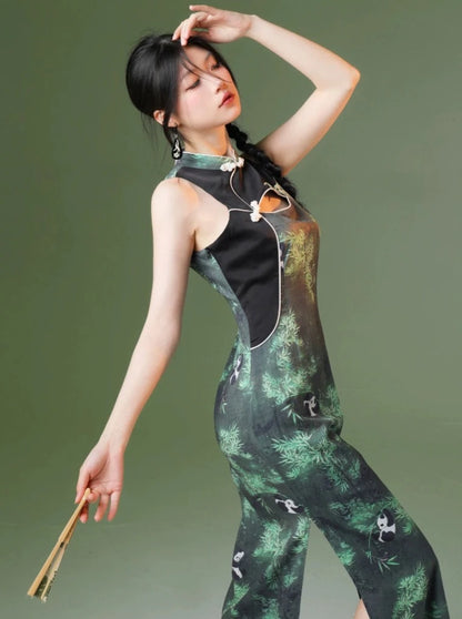 四斤装自制熊猫竹节原创新中式气质显瘦刺绣夏日小旗袍长裙