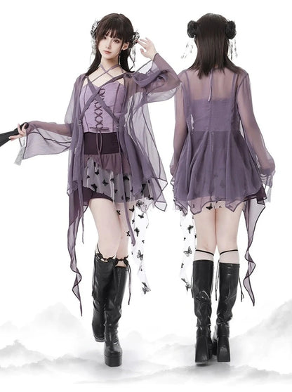 Purple Sheer Cardigan + Lace-up Camisole + Skirt