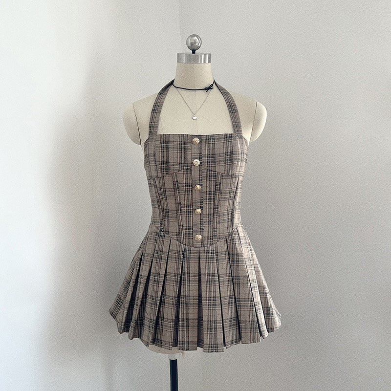 Box Pleated Plaid Strap Dress