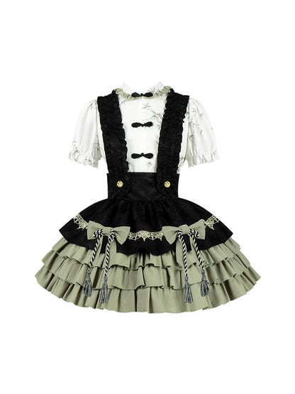 Chinese Shirt + Frilled Suspender Skirt + Accessories
