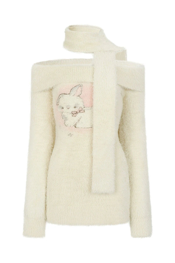 ガーリーウサギプリントワンショルダーソフトニットワンピース