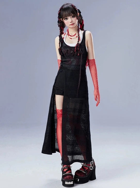 11SH97 Slit Web Vest Skirt Women's Summer Black Pure Lust Babes Cutout Waist Slim Dress