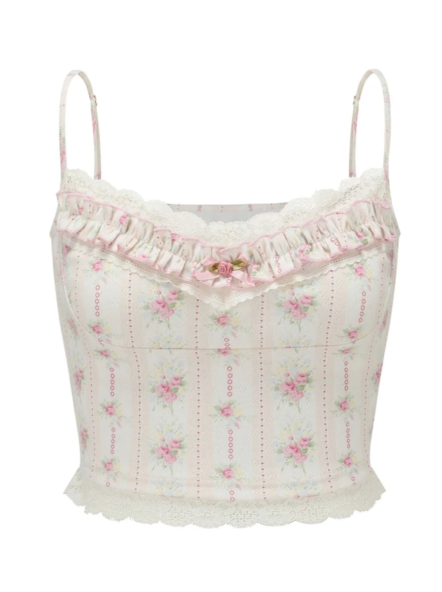 Sweet Pink Short Top + Flower Camisole + Skirt