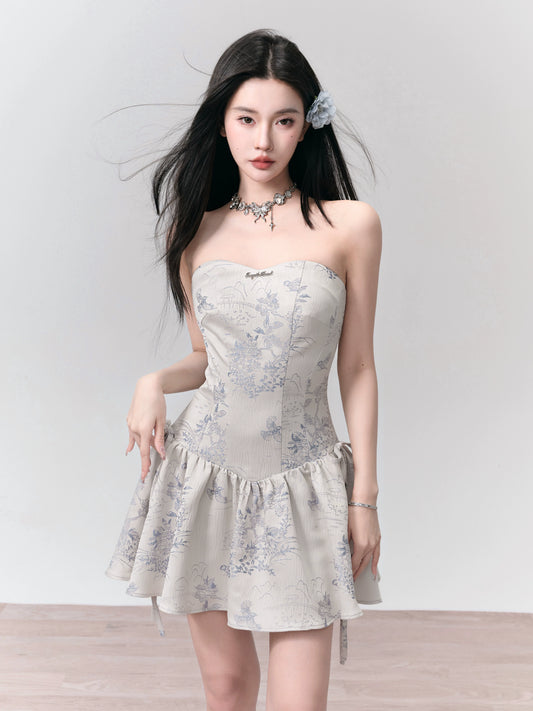 Fragileheart Fragile Shop Ink Sweetheart Delicate silver blue jacquard bandeau dress spring floral dress