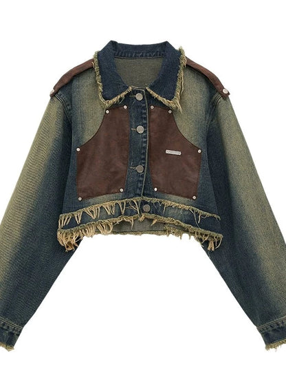 Retro-osh Leder-Patchwork-Jeansjacke + kurzer Jeansrock