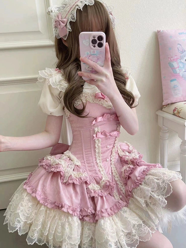 粉色芭蕾狗短人字形 JSK 萝莉塔连衣裙