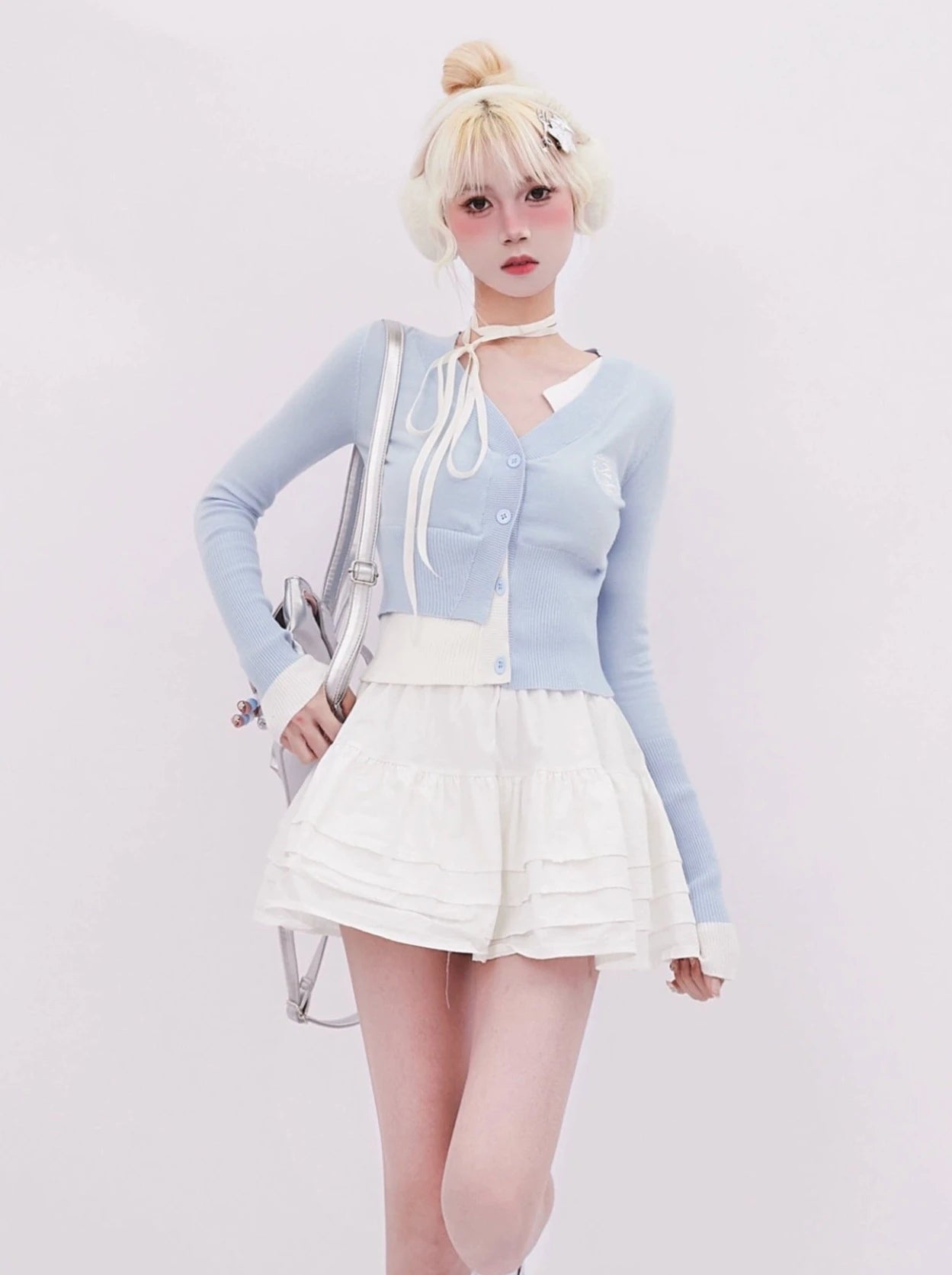 Faux Two Piece Retro Girly Ice Blue Cardigan