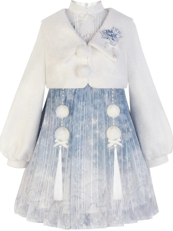 アイスブルーチャイナワンピース＋ファーショートコート