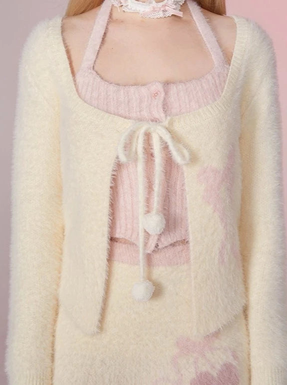 Mink hair knit cardigan + camisole + cherry skirt