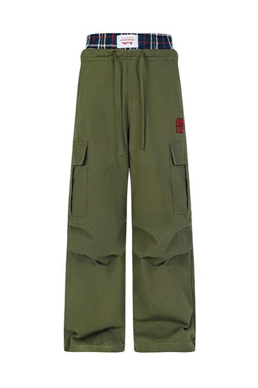 Plaid Stitch Double Waist Cargo Pants