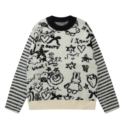 Stripe Cartoon Graffiti Knit Top