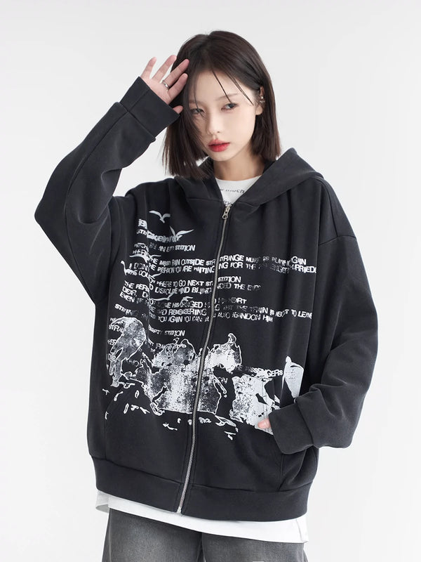 Printed Loose Zip Hoodie