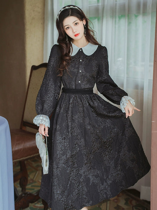 Retro French court style black lace top skirt suit princess skirt Lolita dress female