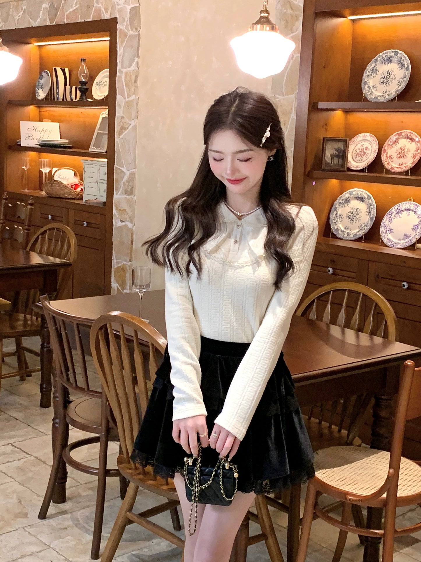 French coat style lace doll color knit tops