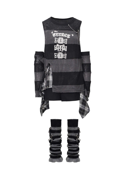 Epoch Rhythm Sleeveless Striped Vest + Sleeves + Check Skirt + Leg Covers