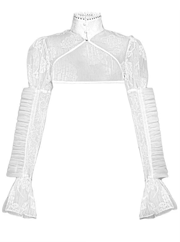 Sleeping Alice White Gothic Chiffon Sheer Puff Sleeve Stand Collar Short Jacket [Reserved Item