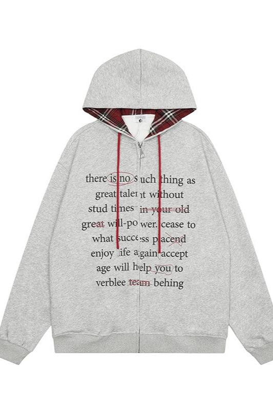 Plaid Stitch Letter Print Hoodie Jacket