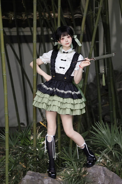 Chinese Shirt + Frilled Suspender Skirt + Accessories
