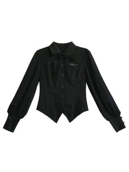 Elegant Retro Black Ribbon Volume Sleeve Shirt + Ruffle Shoulder Suspender Skirt