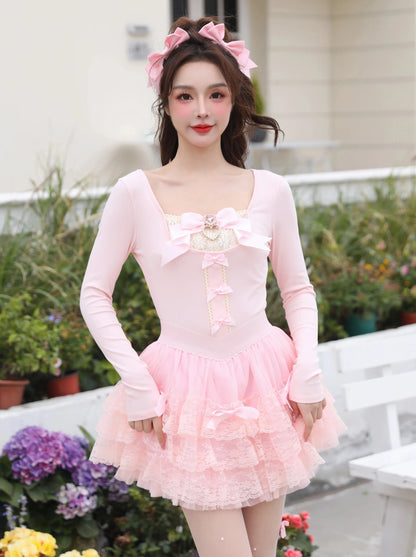 Ballet Style Princess Ribbon Pearl Love Diamond Lace Dress