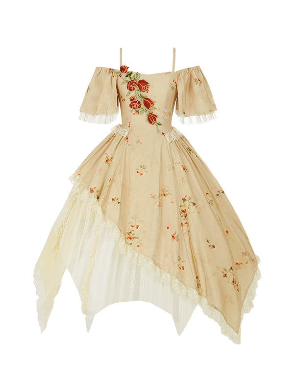 Elegant Rose Square Collar Off-the-shoulder Irregular Straps Dress