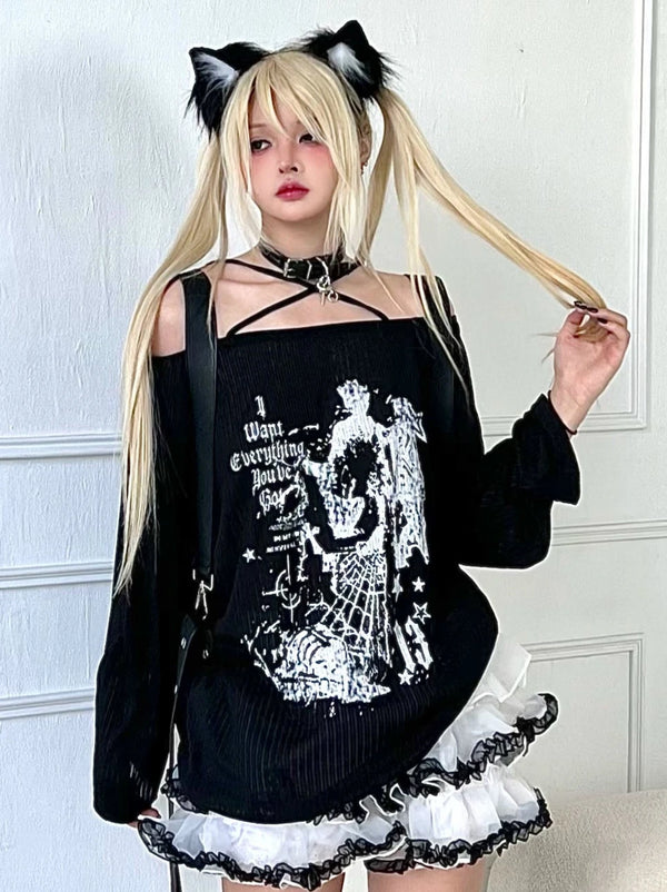 サブカルチャーアニメプリントオフショルダースリムロンTトップス