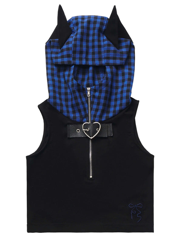 ブルーチェックステッチ猫耳フィーディーサマーストラップデザインスーツ