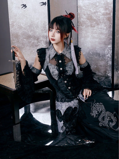 Chinese Gothic Subculture Fishtail Skirt + Top + Waist Corset