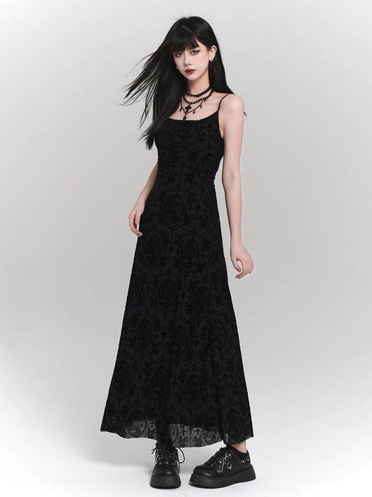 Ghost Girl, Dark Women's Black Retro Slip Dress, Cinched Waist, Sweet and Spicy Music Festival Outfit