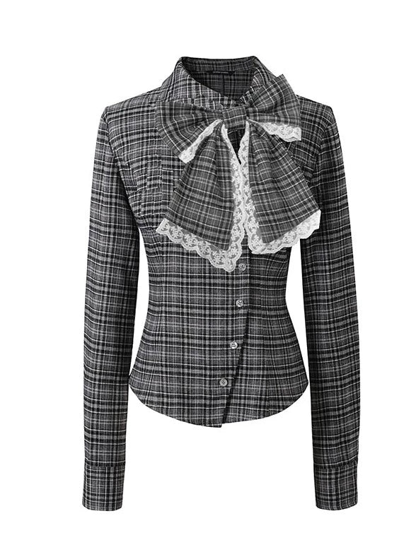 French Slim Jacket + Check Ribbon Shirt + Check Flared Skirt