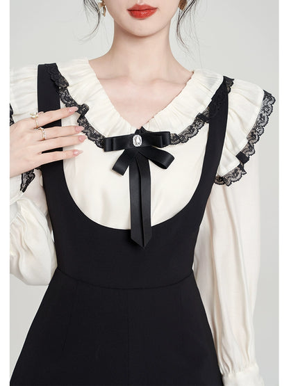 Ruffle collar blouse + suspender shorts