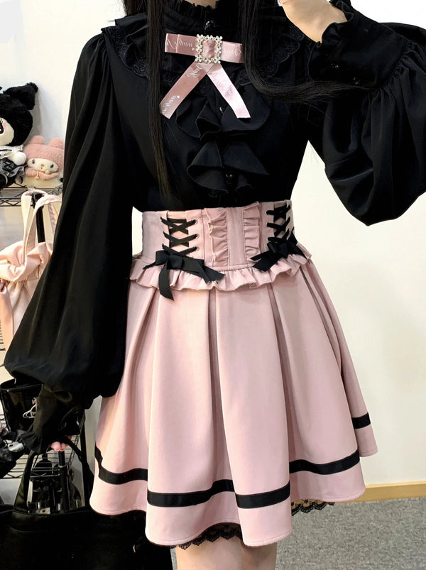 Stand collar loose ruffle volume sleeve ribbon shirt [Reserved Item].