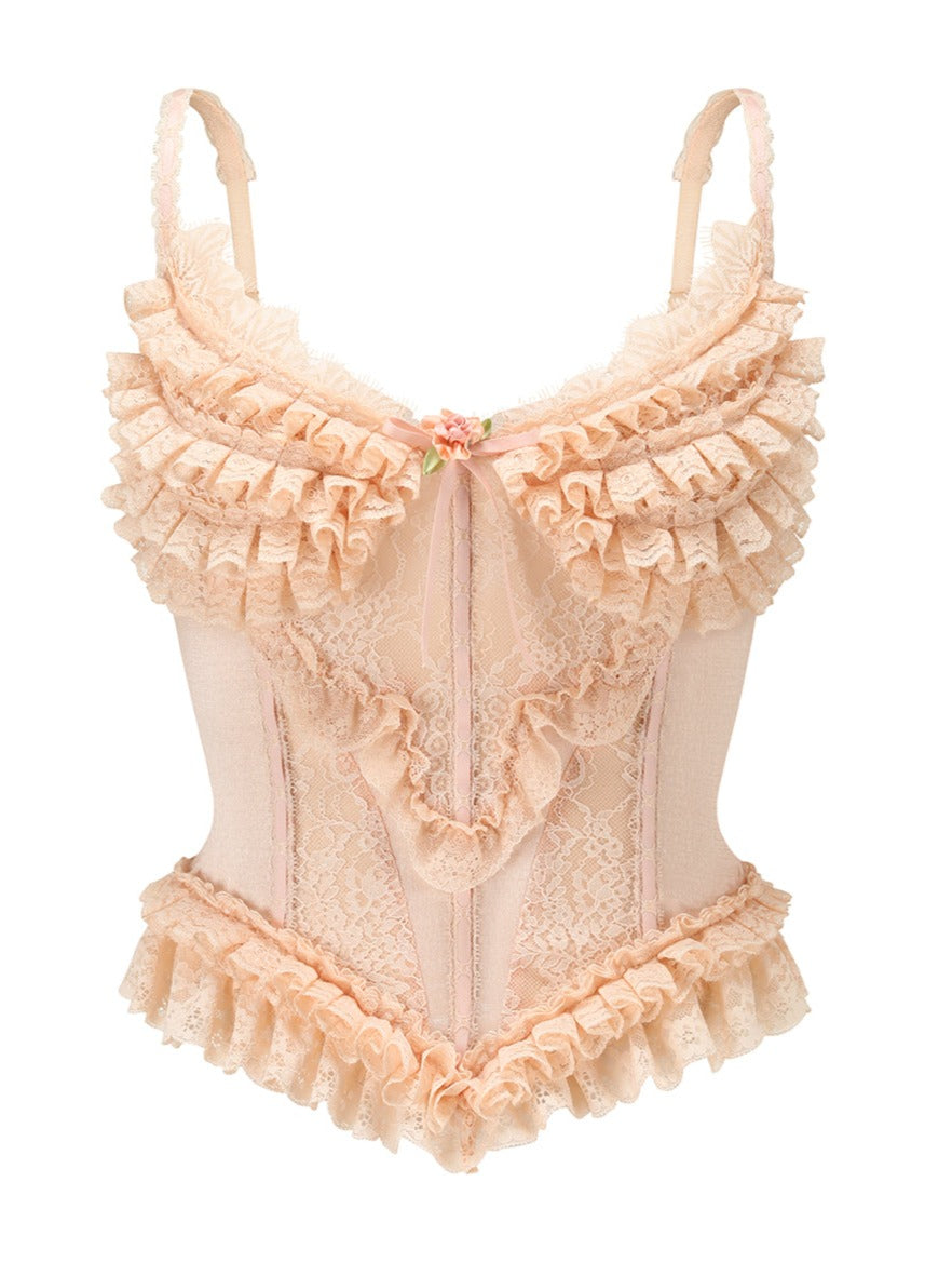 Peach Fairy French Retro Sweet Lace Camisole With Skirt