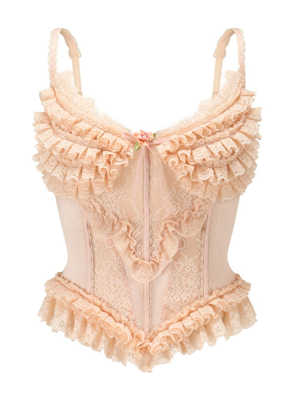 Peach Fairy French Retro Sweet Lace Camisole + Skirt