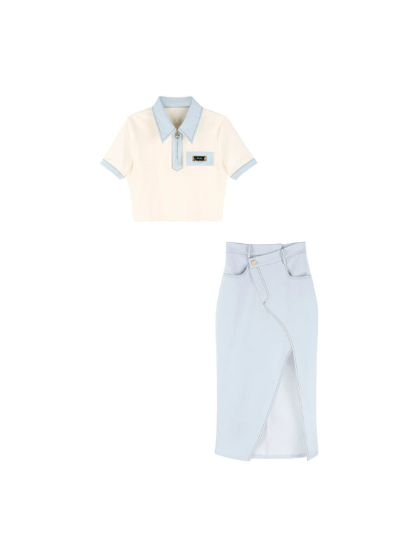 Milky Blue Polo Top + Slit Ice Blue Skirt