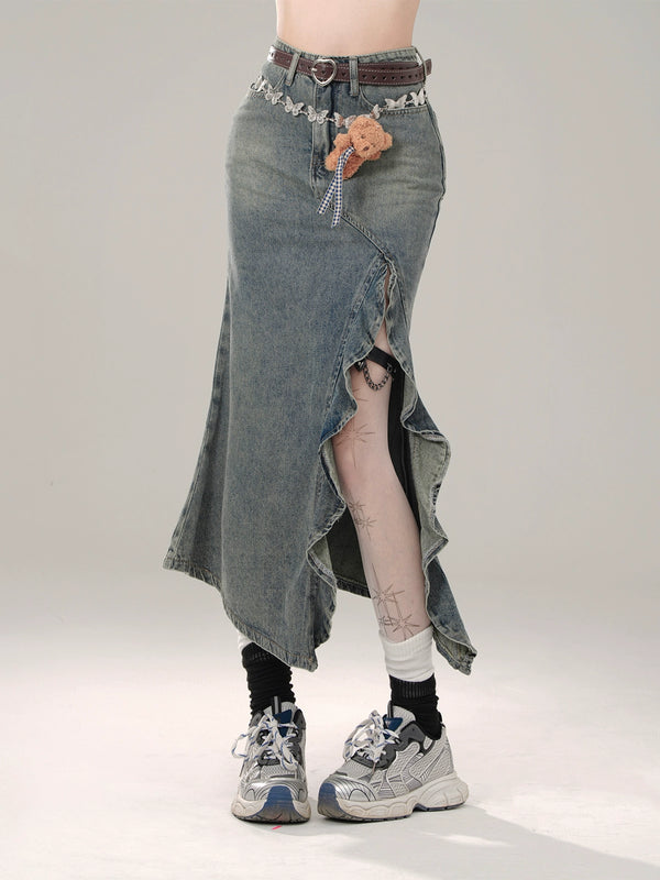 Blue Denim Ruffle Slit Long Skirt