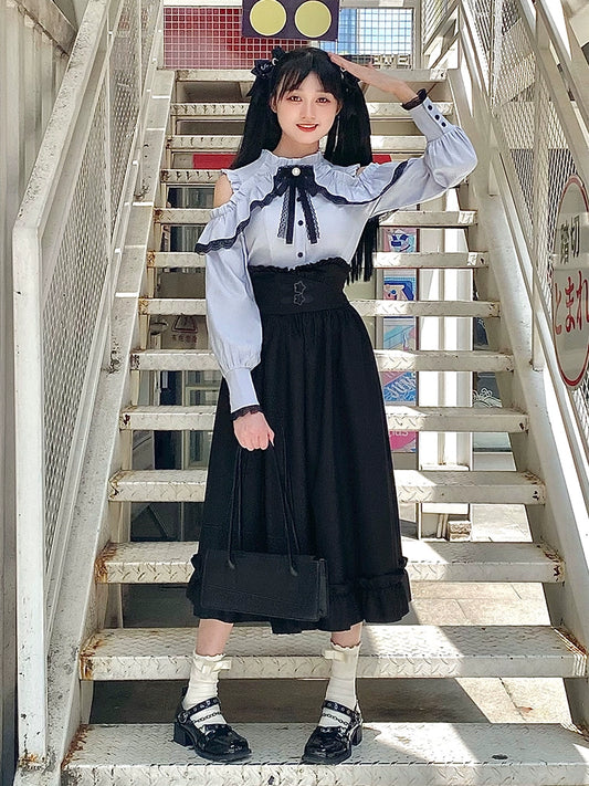 La La-chan Half a Star Water-colored mine suit small flying sleeves off-the-shoulder long sleeve shirt mid-length skirt woman