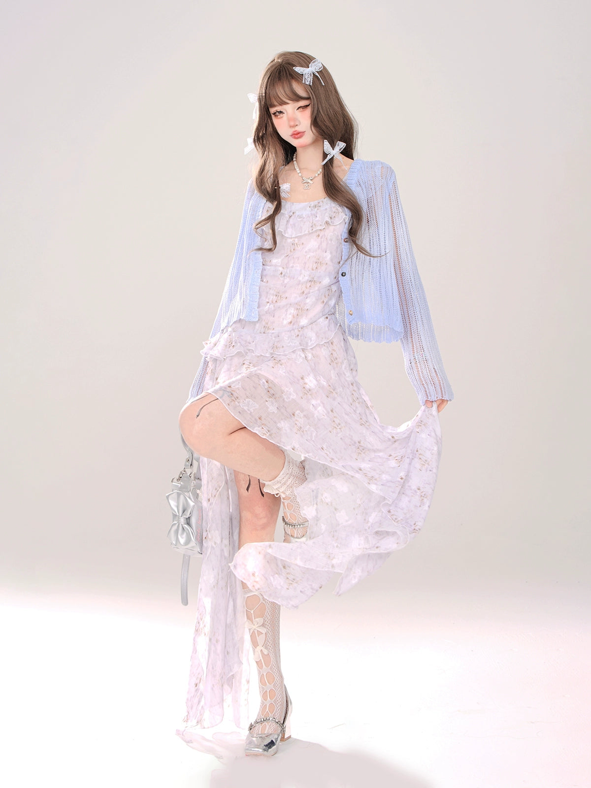 Milky Sweet Floral Ruffle Irregular Long Dress + Sheer Cardigan