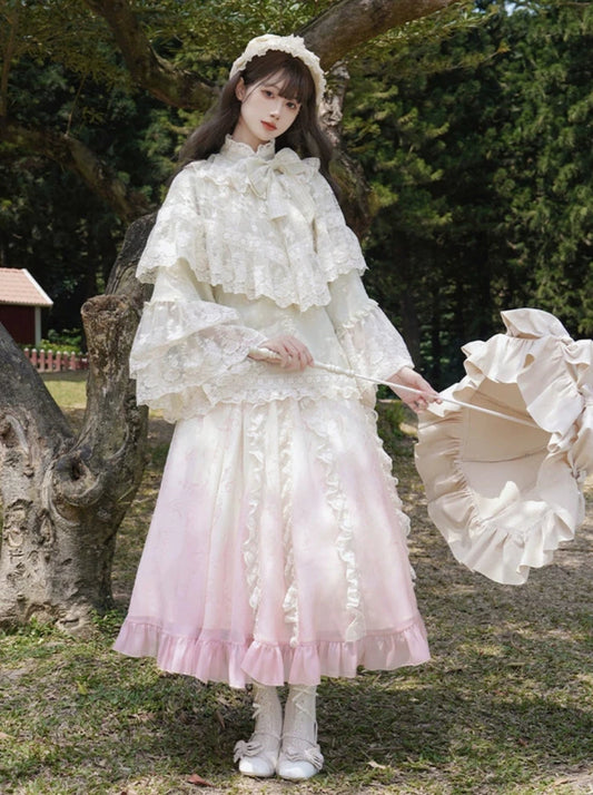 China Romantic Embroidery Lace Shawl + Ribbon Top + Skirt + Apron